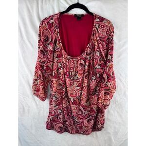 Style & Co Woman 2X Red Paisley Mesh 3/4 Sleeve Tunic Blouse Scoop Neck‎ Top